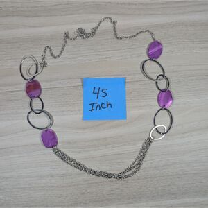 45" Purple Shell Disc Necklace Silver Tone Chain Statement Jewelry